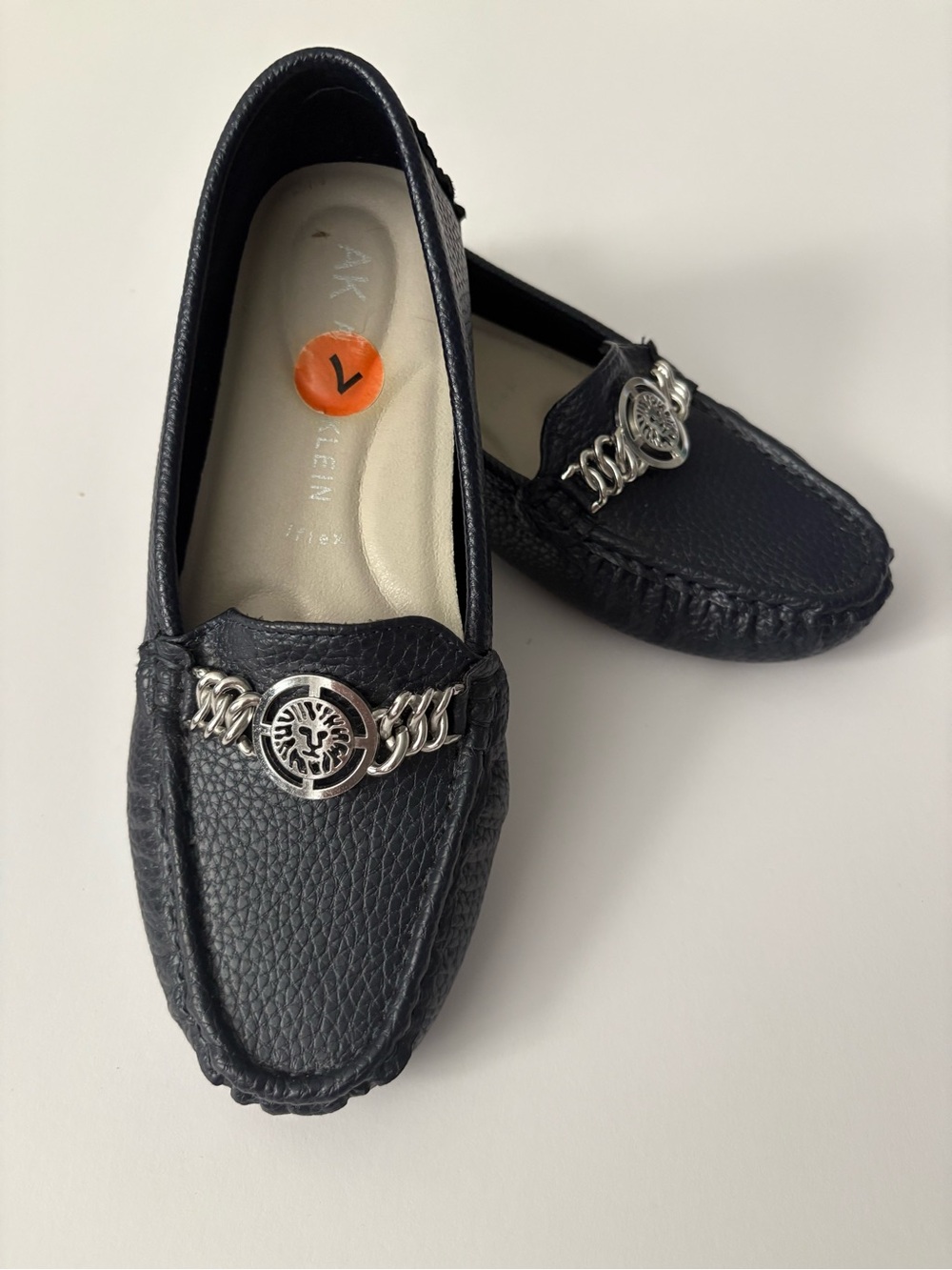 Anne Klein Navy Textured Leather Loafers with Silver Chain-Accent
